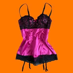 00's vintage hot pink satin y2k bustier corset babydoll SMALL Frederick's